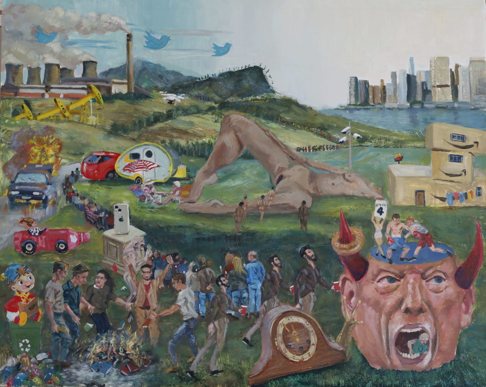 Surrealistic painting of a landscape with industrial elements, people, and a prominent figure with a head of a child and devilish features.