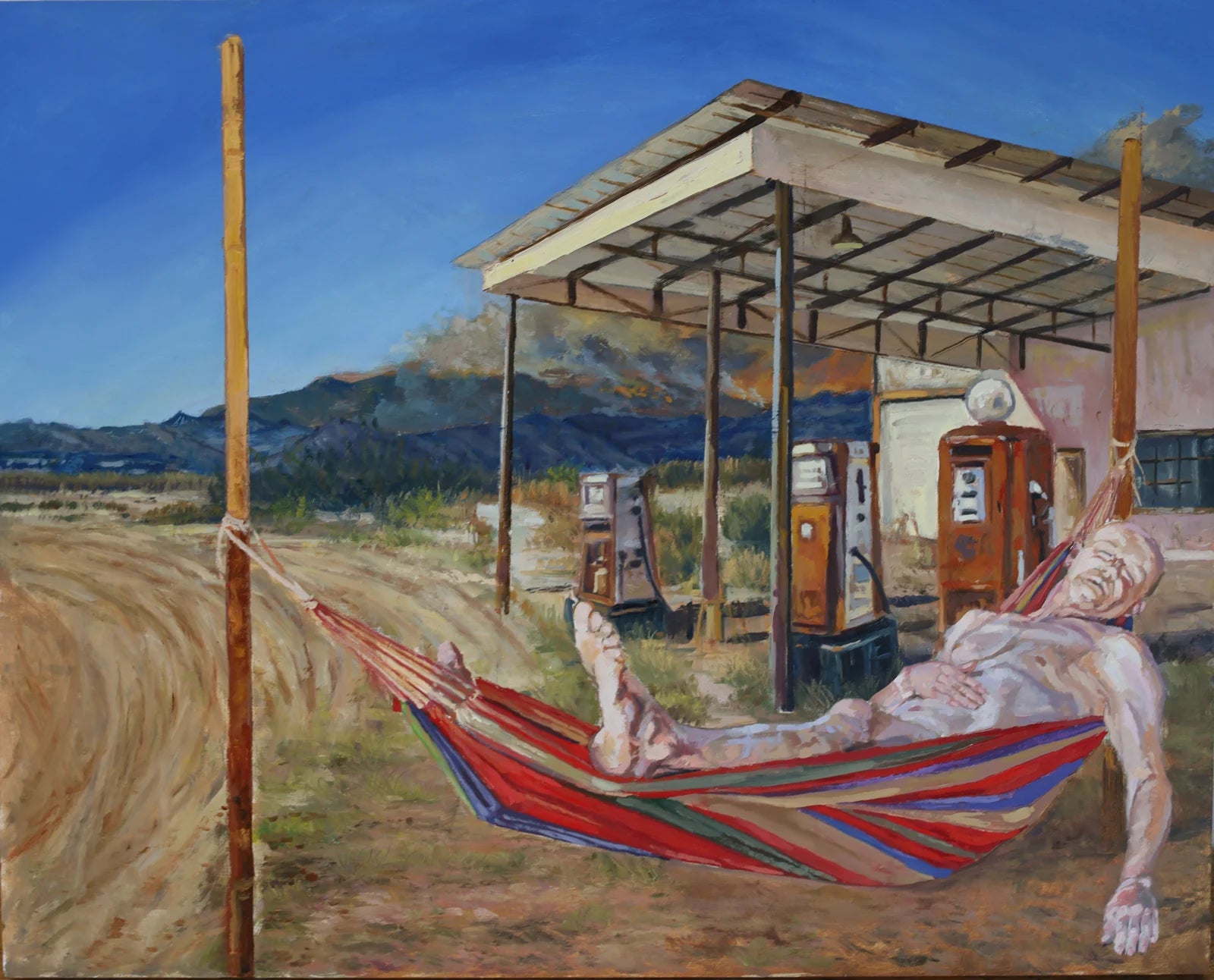 Painting of a person sleeping in a hammock at a gas station with burning mountains in the background.