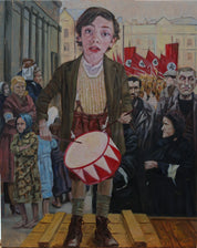 Painting of a young boy with a drum in a crowded street scene.